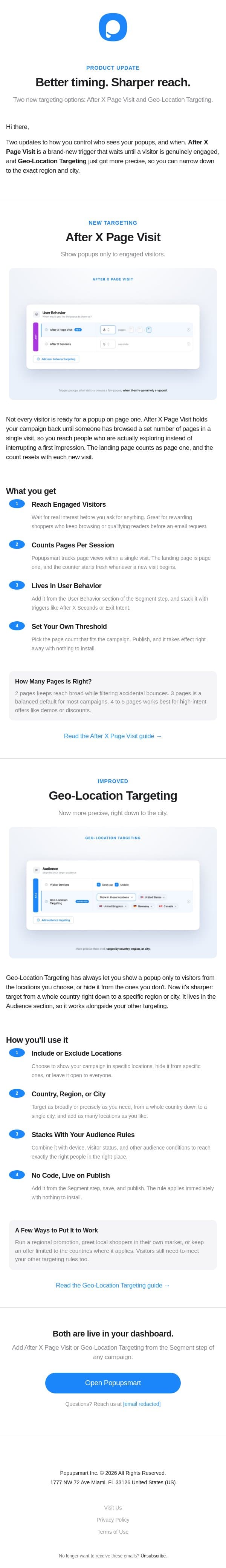 Two targeting upgrades: After X Page Visit and Geo-Location 🎯 email from Popupsmart Popup Builder screenshot