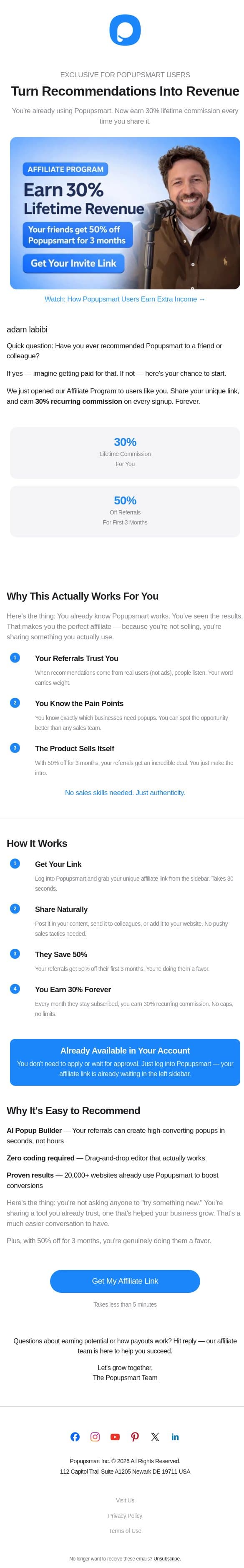 🔥 Popupsmart’s First Affiliate Program: Earn 30% for Life 💰 email from Popupsmart Popup Builder screenshot