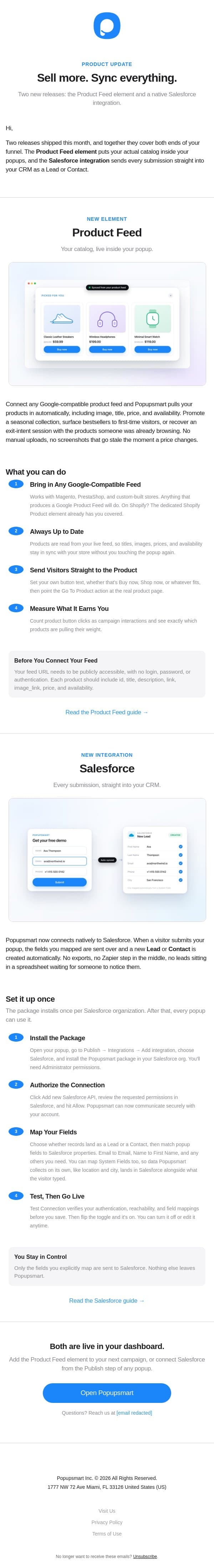 New: Product Feed element and Salesforce integration 📦 email from Popupsmart Popup Builder screenshot