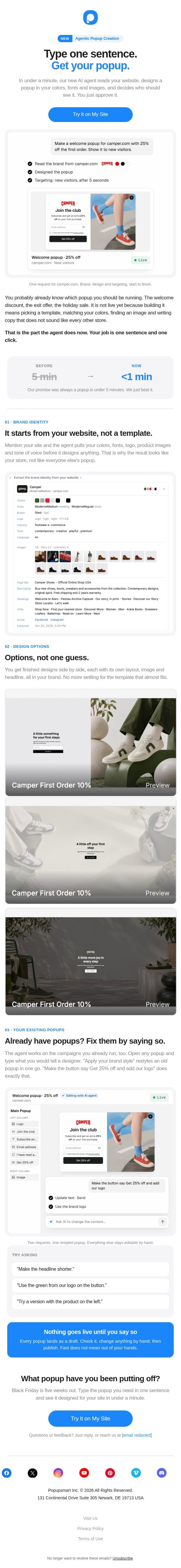 Type one sentence. Get a popup that looks like your brand. 🚀 email from Popupsmart Popup Builder screenshot