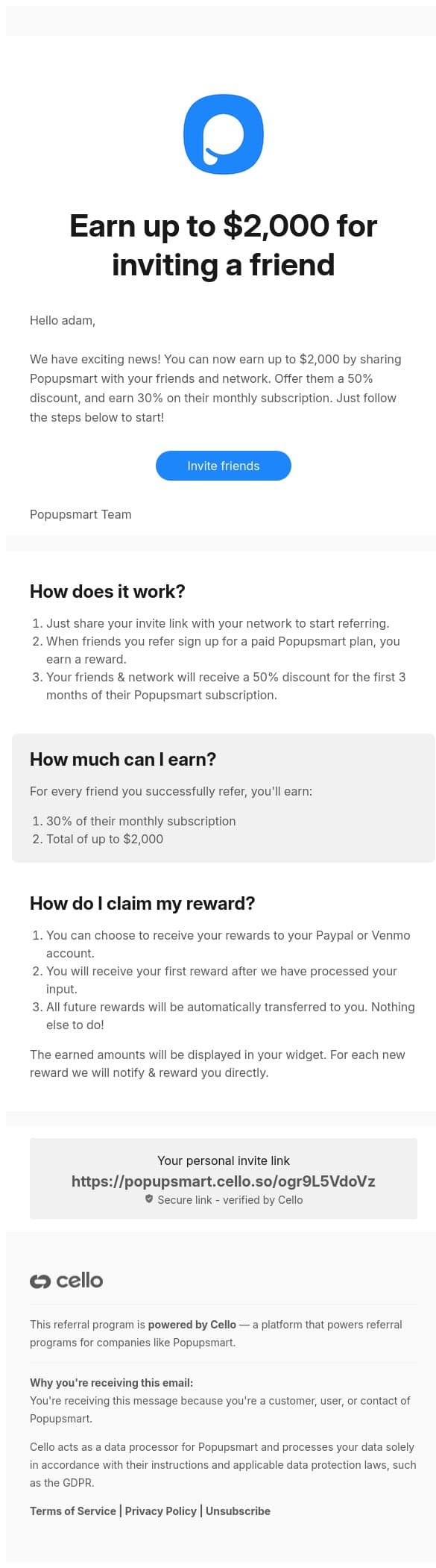 Earn up to $2,000 for inviting a friend email from Popupsmart Popup Builder screenshot