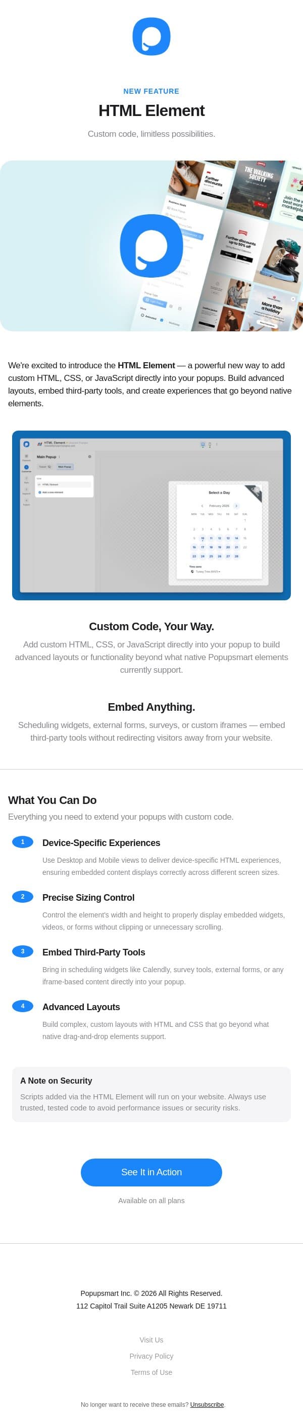 New: Custom HTML Element - Embed Anything in Your Popups email from Popupsmart Popup Builder screenshot