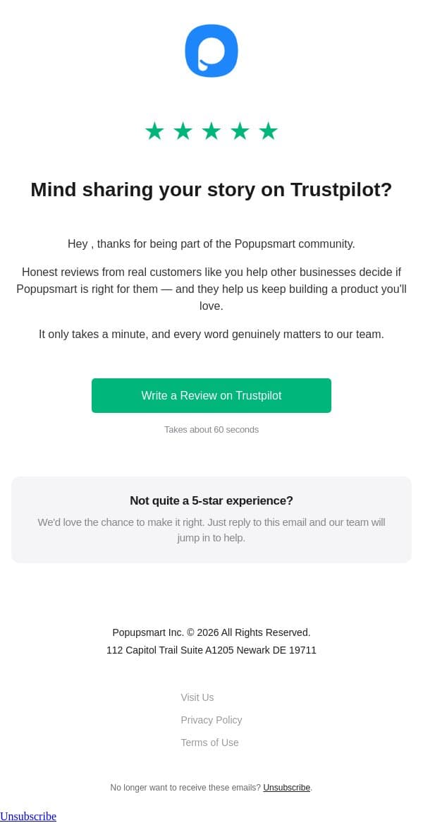 Mind sharing your story on Trustpilot? email from Popupsmart Popup Builder screenshot