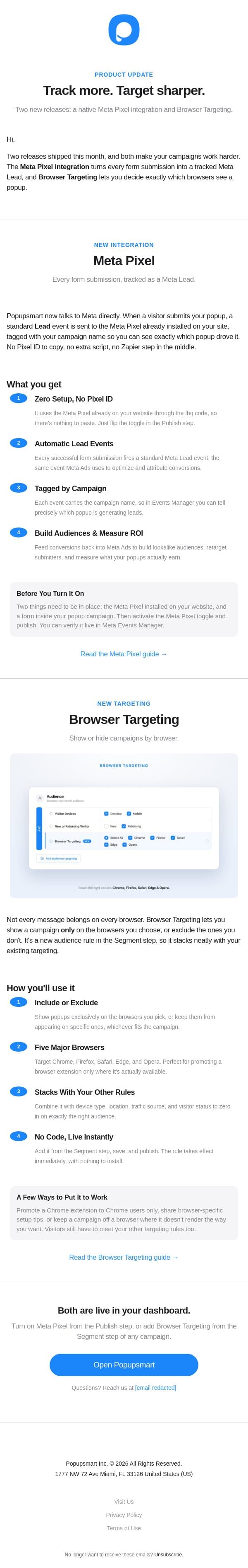 New: Meta Pixel Integration and Browser Targeting 📦 email from Popupsmart Popup Builder screenshot