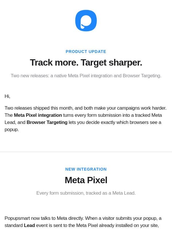 New: Meta Pixel Integration and Browser Targeting ๐ฆ email from Popupsmart Popup Builder