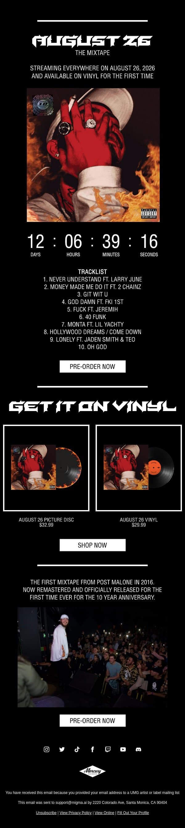August 26: The Mixtape email from Post Malone screenshot