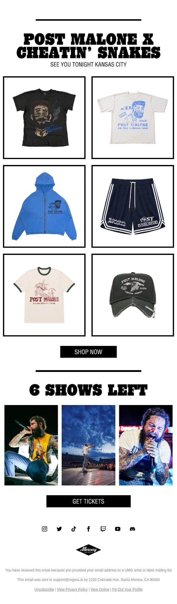 Post Malone x Cheatin' Snakes Collection email from Post Malone screenshot