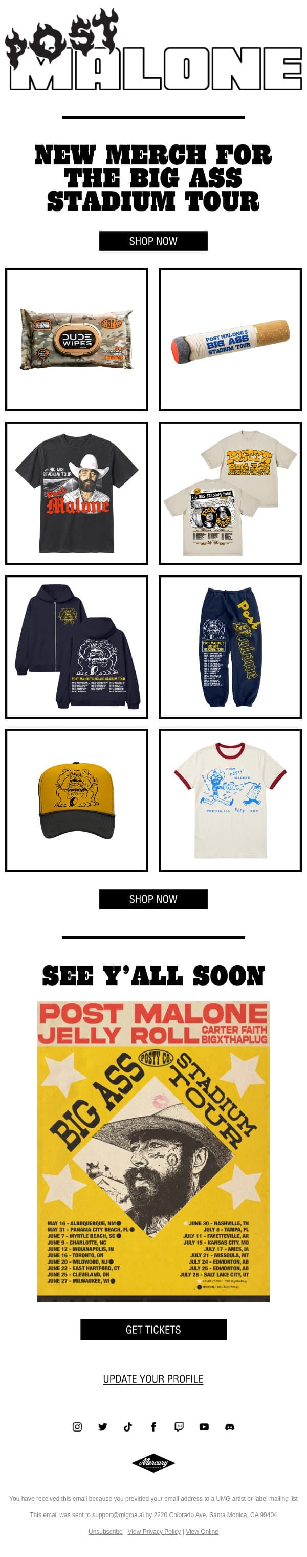 new BIG ASS Stadium Tour merch email from Post Malone screenshot