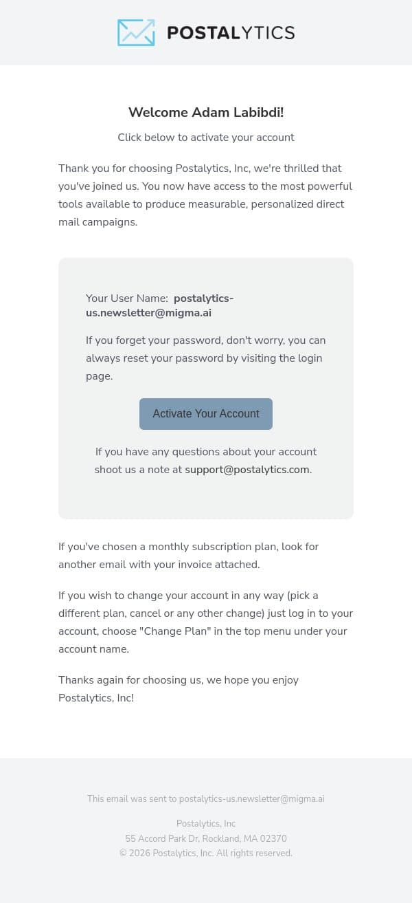 Adam - Welcome to Postalytics, Inc. email from Postalytics screenshot