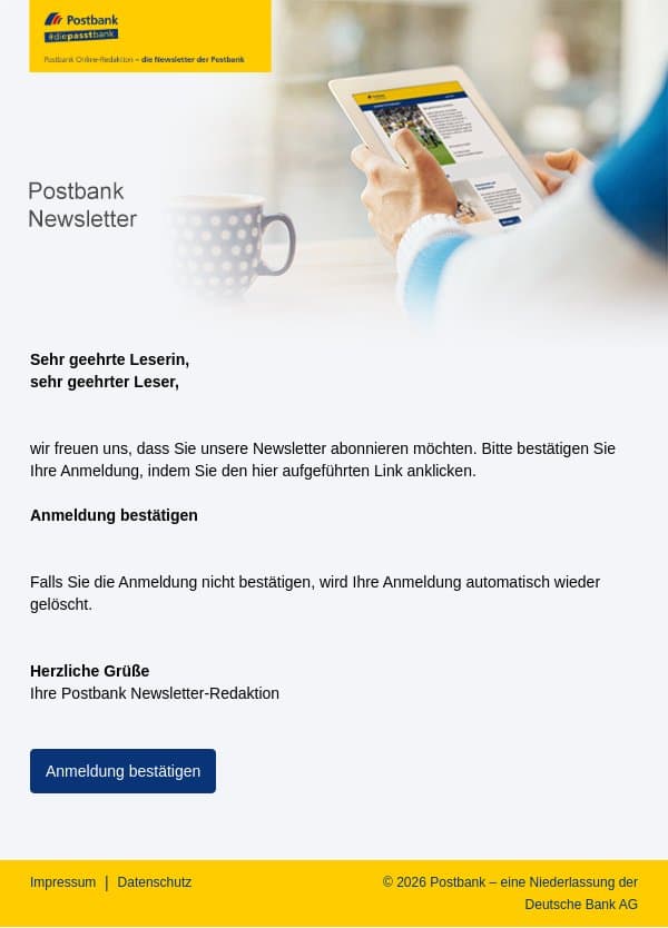 Bitte Ihre Anmeldung bestätigen. email from Postbank screenshot