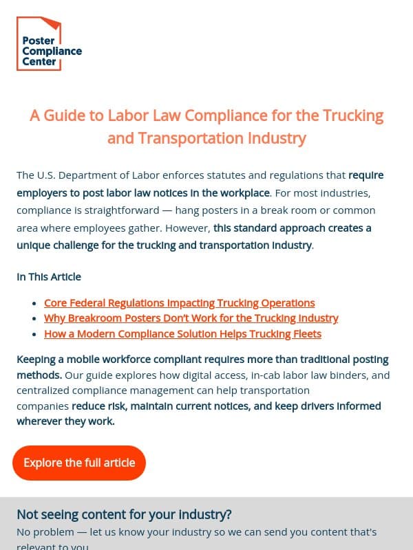 Transportation Compliance Guide: Keeping Drivers Covered email from Poster Compliance Center
