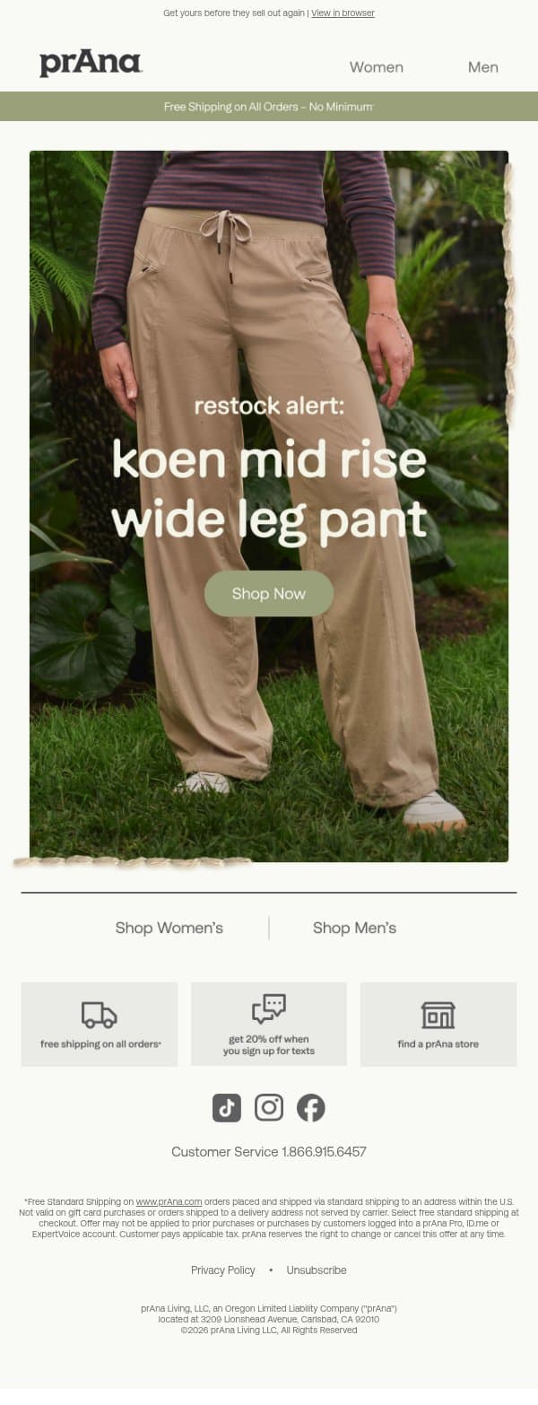 Restocked: Koen Wide Leg email from Prana screenshot