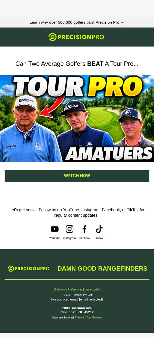 Can two average golfers beat a tour pro? email from Precision Pro Golf screenshot