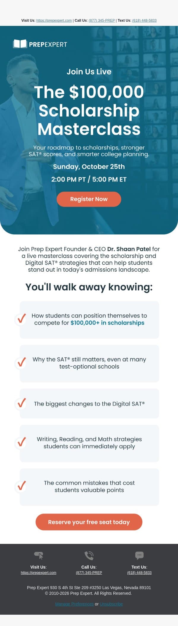 Adam, our next $100,000 Scholarship Masterclass starts October 25th email from Prep Expert screenshot