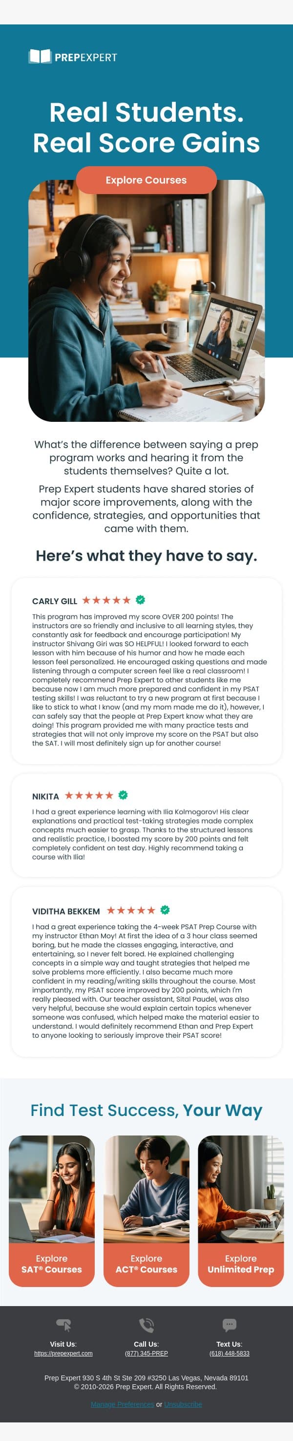 “My PSAT score improved 200 points!” email from Prep Expert screenshot