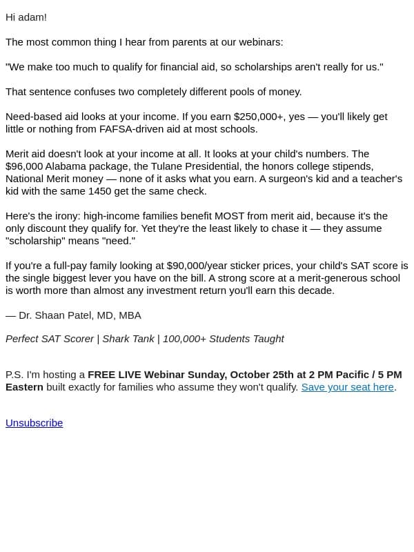 Saturday Scholarship Tip: Too "rich" for financial aid? Read this email from Prep Expert screenshot