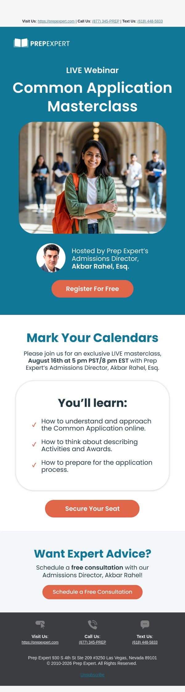 This Sunday! LIVE Masterclass on the Common Application email from Prep Expert screenshot