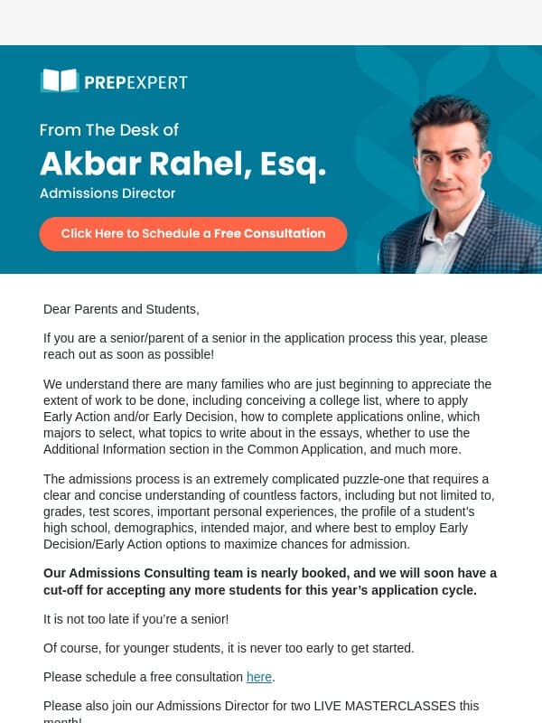 Seniors, Last Call for Expert Help email from Prep Expert