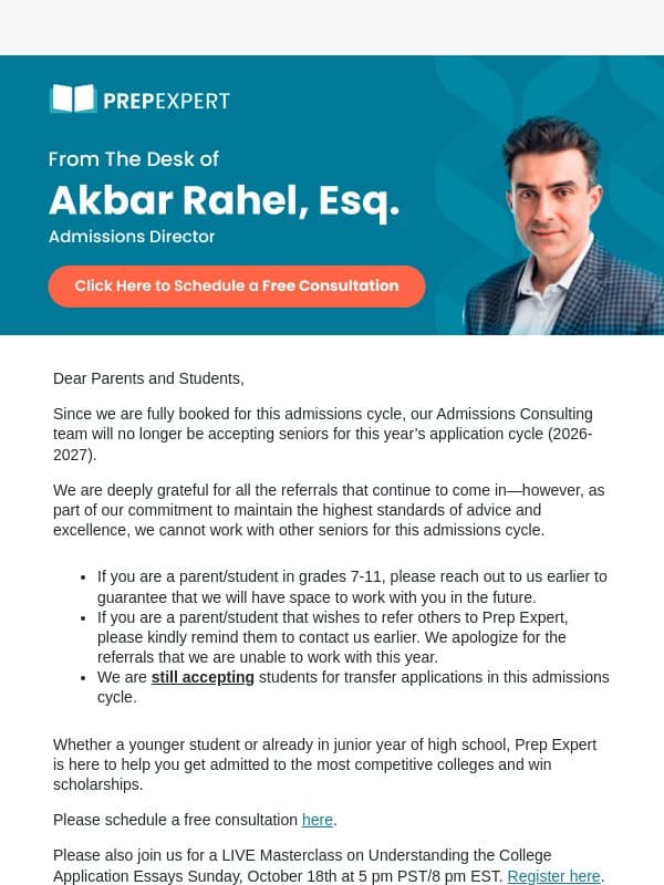 Admissions Consulting FULLY BOOKED for 2026-2027 email from Prep Expert