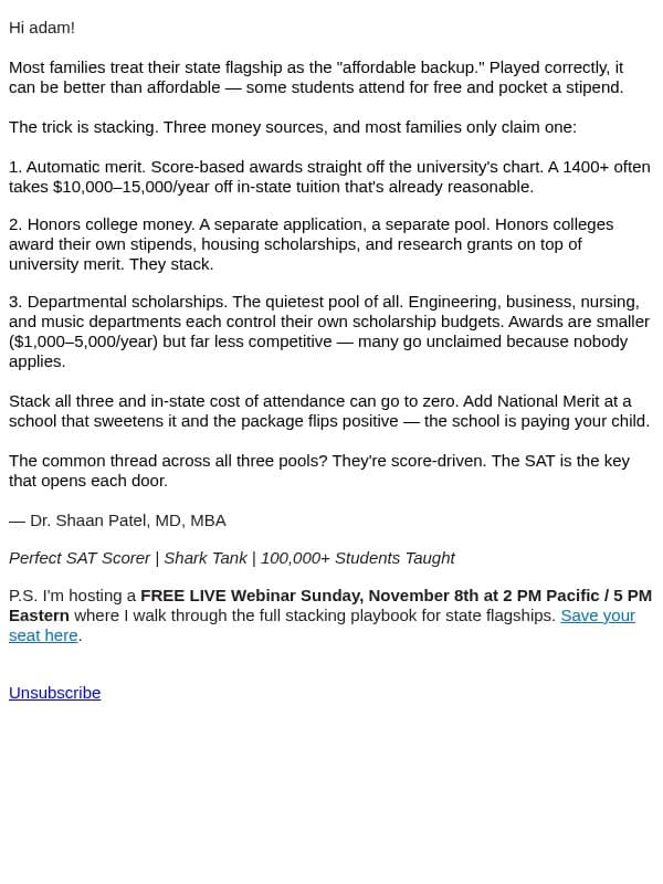 Saturday Scholarship Tip: How to get paid to attend your state flagship email from Prep Expert