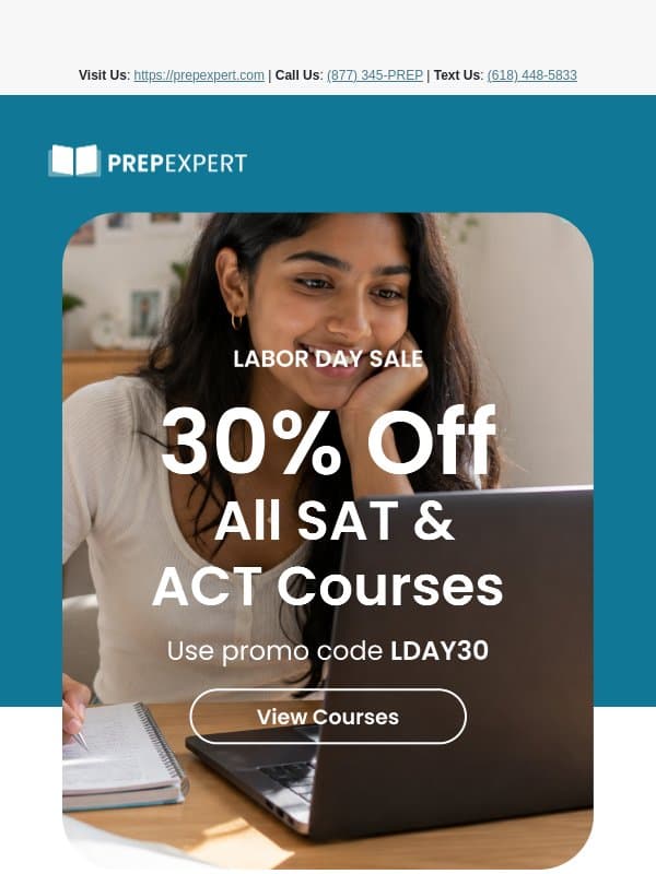 30% OFF SAT & ACT Courses - Labor Day Sale! email from Prep Expert