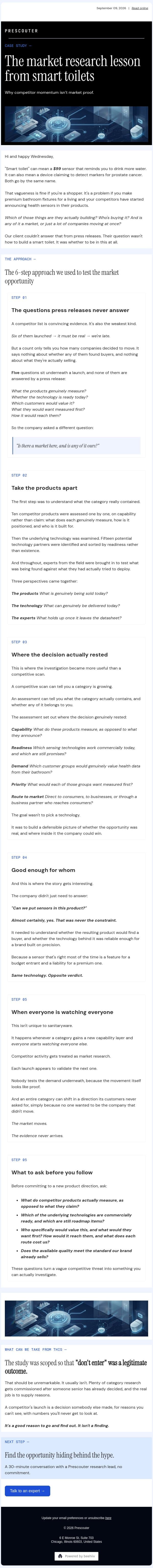 The market research lesson from smart toilets email from PreScouter screenshot