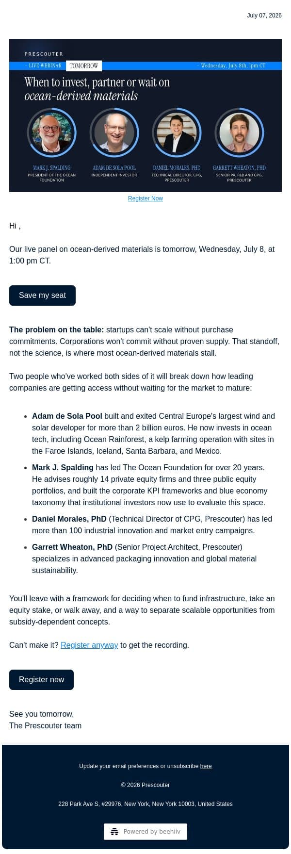 He exited Europe's largest wind firm for algae email from PreScouter screenshot