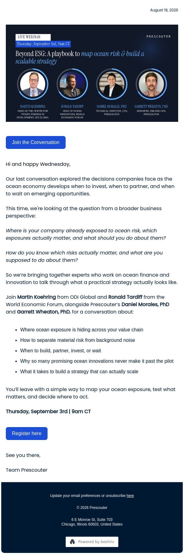 Beyond ESG: A playbook to map ocean risk & build a scalable strategy email from PreScouter screenshot