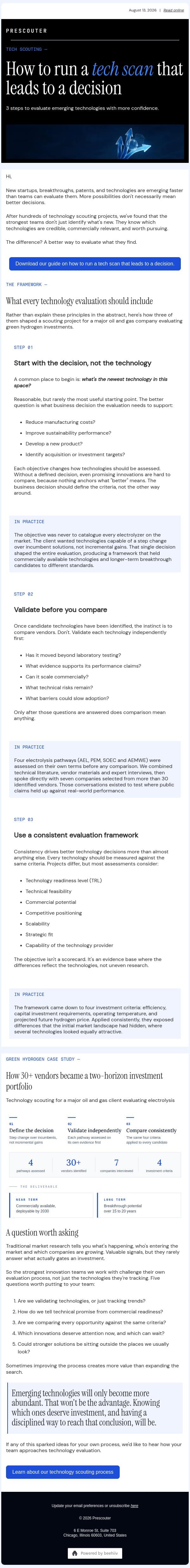 How to run a tech scan that leads to a decision email from PreScouter screenshot