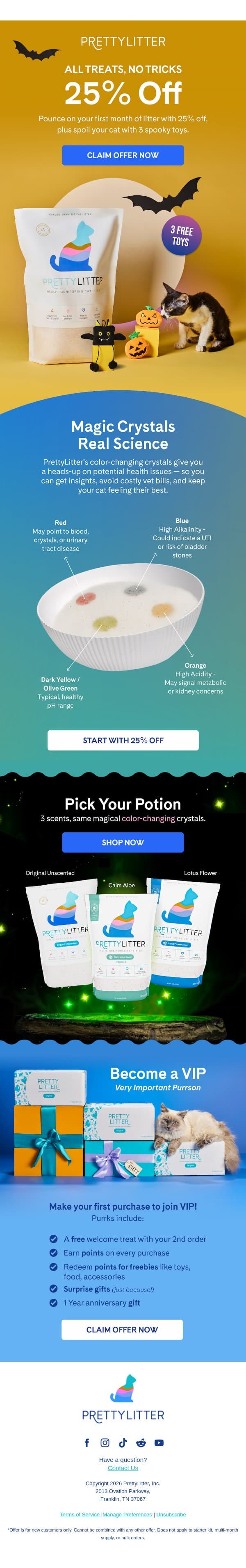 25% OFF, 3 Free Toys, 0 Tricks email from PrettyLitter screenshot