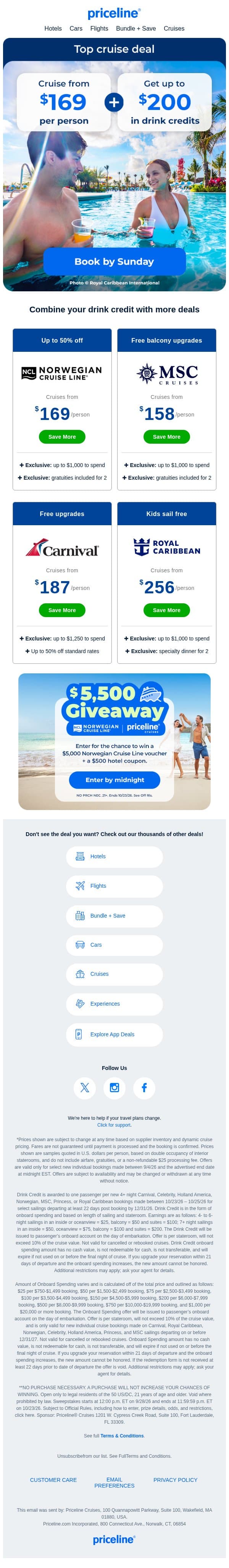 Cruise fares from $169 + free drinks email from Priceline screenshot