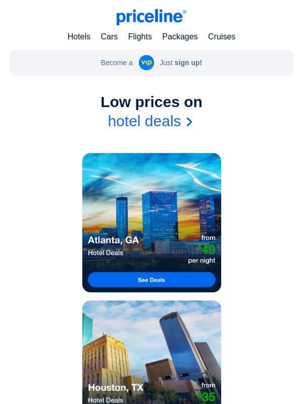 Your hotel savings are ready for Atlanta, Houston + more email from Priceline