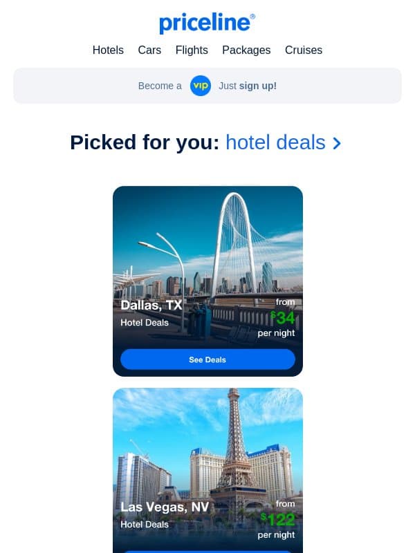 Deal roundup: low-price hotels for Dallas, Las Vegas, and more just for you! email from Priceline