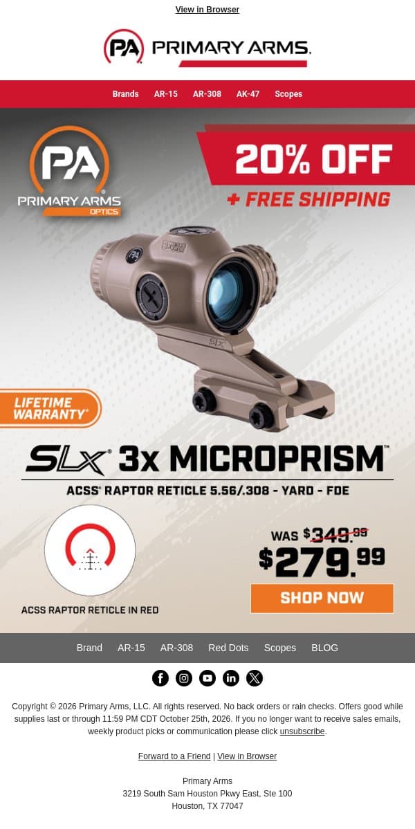 π¨ $70 OFF! Big Savings on the SLx 3x FDE MicroPrism! email from Primary Arms screenshot