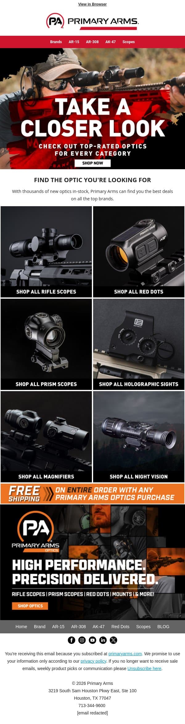 Everyday Deals on Red Dots, Prisms or Rifle Scopes email from Primary Arms screenshot
