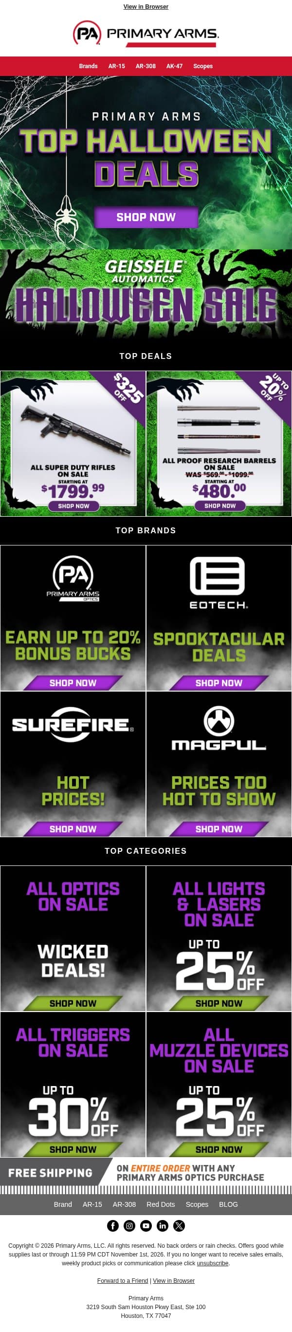 Shop The Best Halloween Deals Now email from Primary Arms screenshot