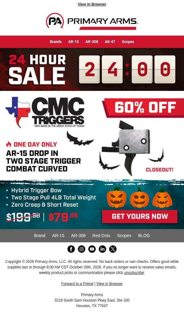 24Hrs Only! 60% OFF CMC 2 Stage Closeout Trigger email from Primary Arms screenshot
