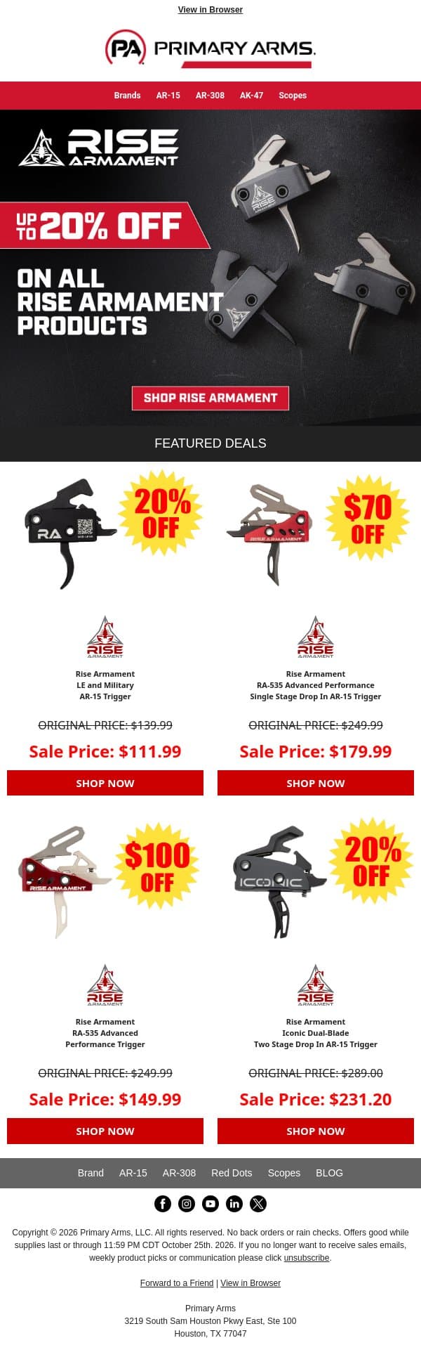 Up to 20% OFF All Rise Armament Products! email from Primary Arms screenshot