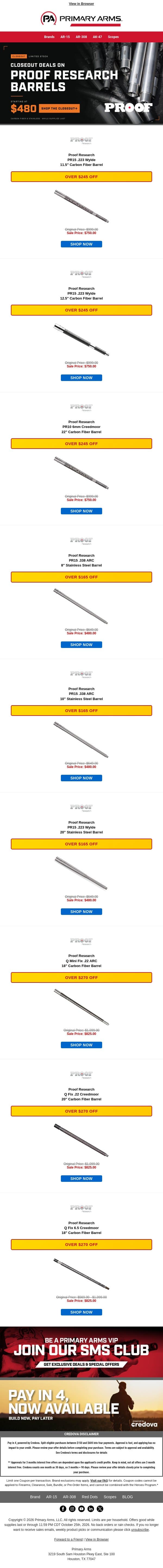CLOSEOUT DEALS! Proof Research Barrels Starting at $480! email from Primary Arms screenshot