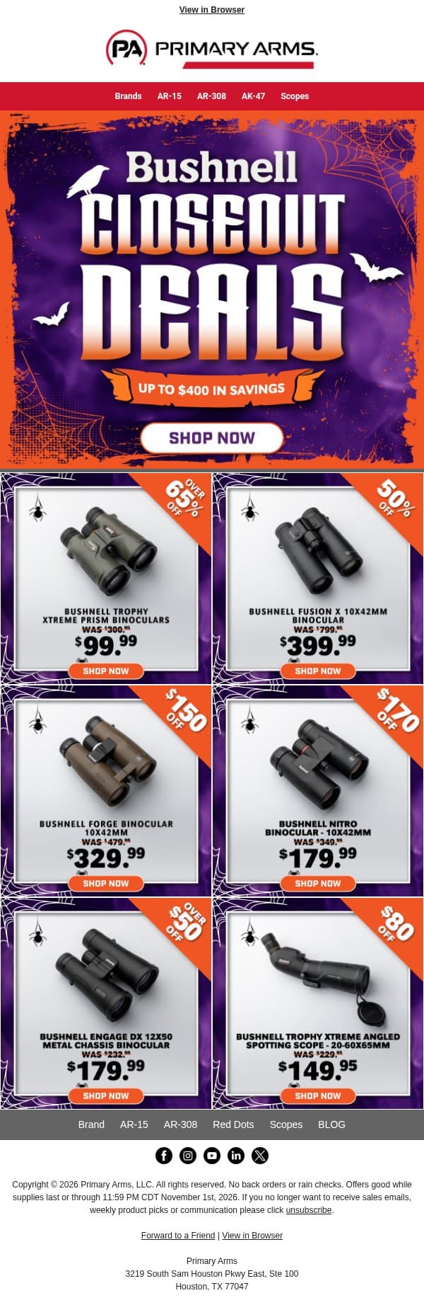 🎃 Huge Bushnell Closeout Deals Are Live! email from Primary Arms screenshot