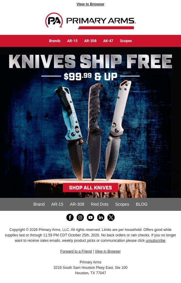 🔪 Knives $99.99 & Up Ship FREE! email from Primary Arms screenshot