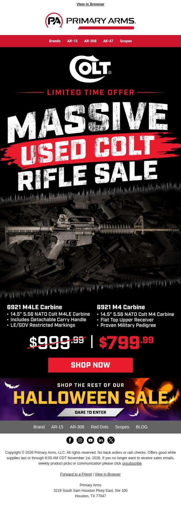 Colt 6921 SBR Police Trade-Ins for ONLY $799 email from Primary Arms screenshot