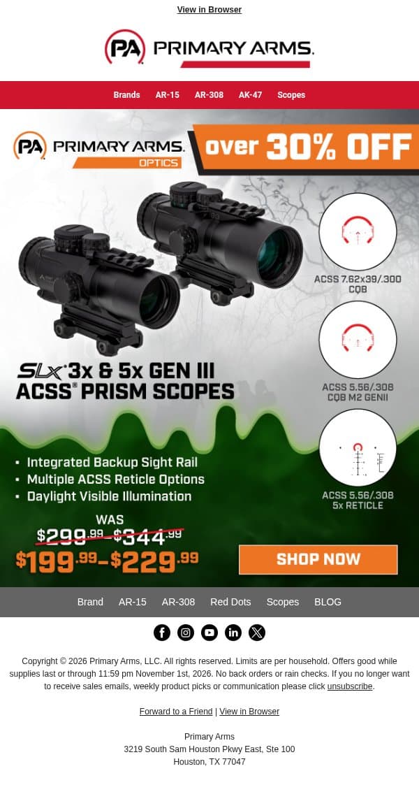 Shop Primary Arms Prism Scopes On Deep Discounts! email from Primary Arms screenshot