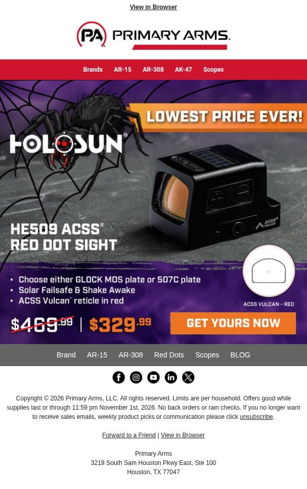 🕷️ Lowest Price Ever on Holosun HE509 ACSS! email from Primary Arms screenshot