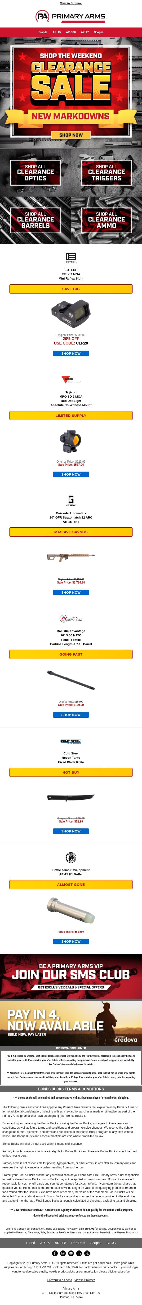 Clearance Sale Prices Cleared For Even Lower email from Primary Arms screenshot