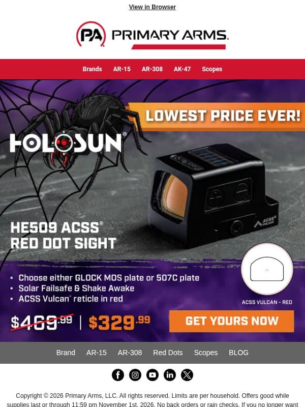 🕷️ Lowest Price Ever on Holosun HE509 ACSS! email from Primary Arms