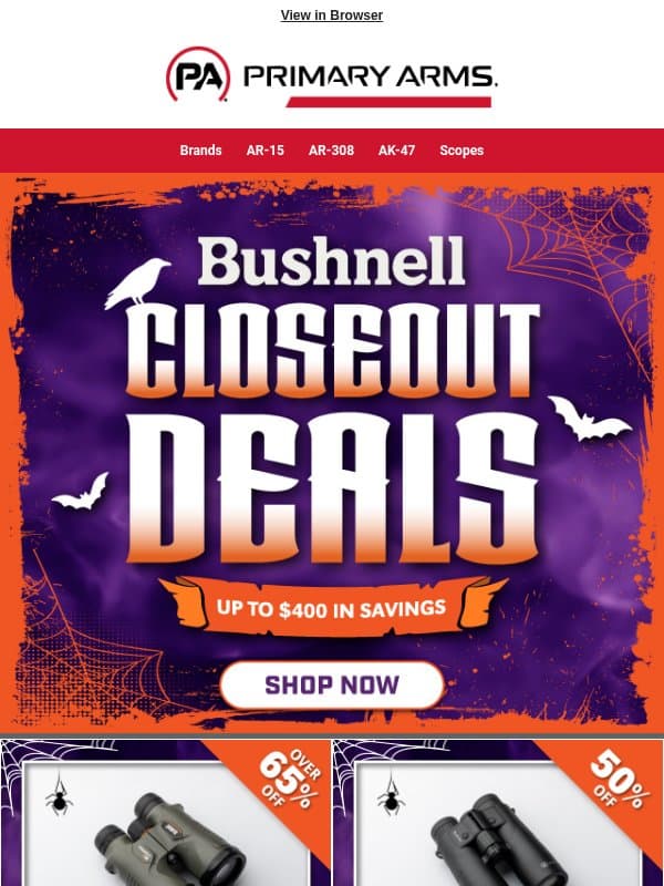 🎃 Huge Bushnell Closeout Deals Are Live! email from Primary Arms