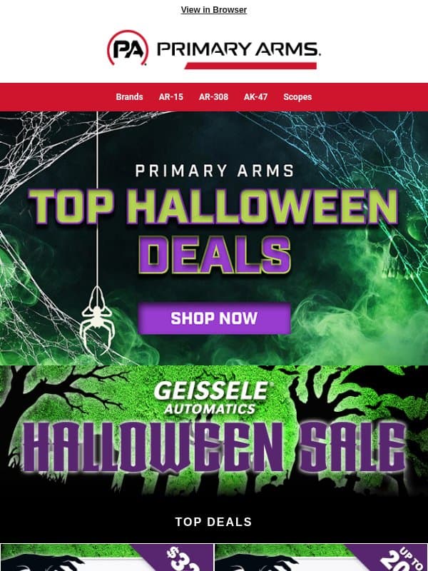 Shop The Best Halloween Deals Now email from Primary Arms