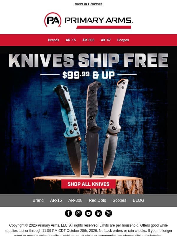🔪 Knives $99.99 & Up Ship FREE! email from Primary Arms