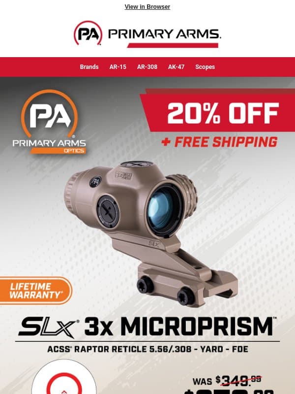 🚨 $70 OFF! Big Savings on the SLx 3x FDE MicroPrism! email from Primary Arms